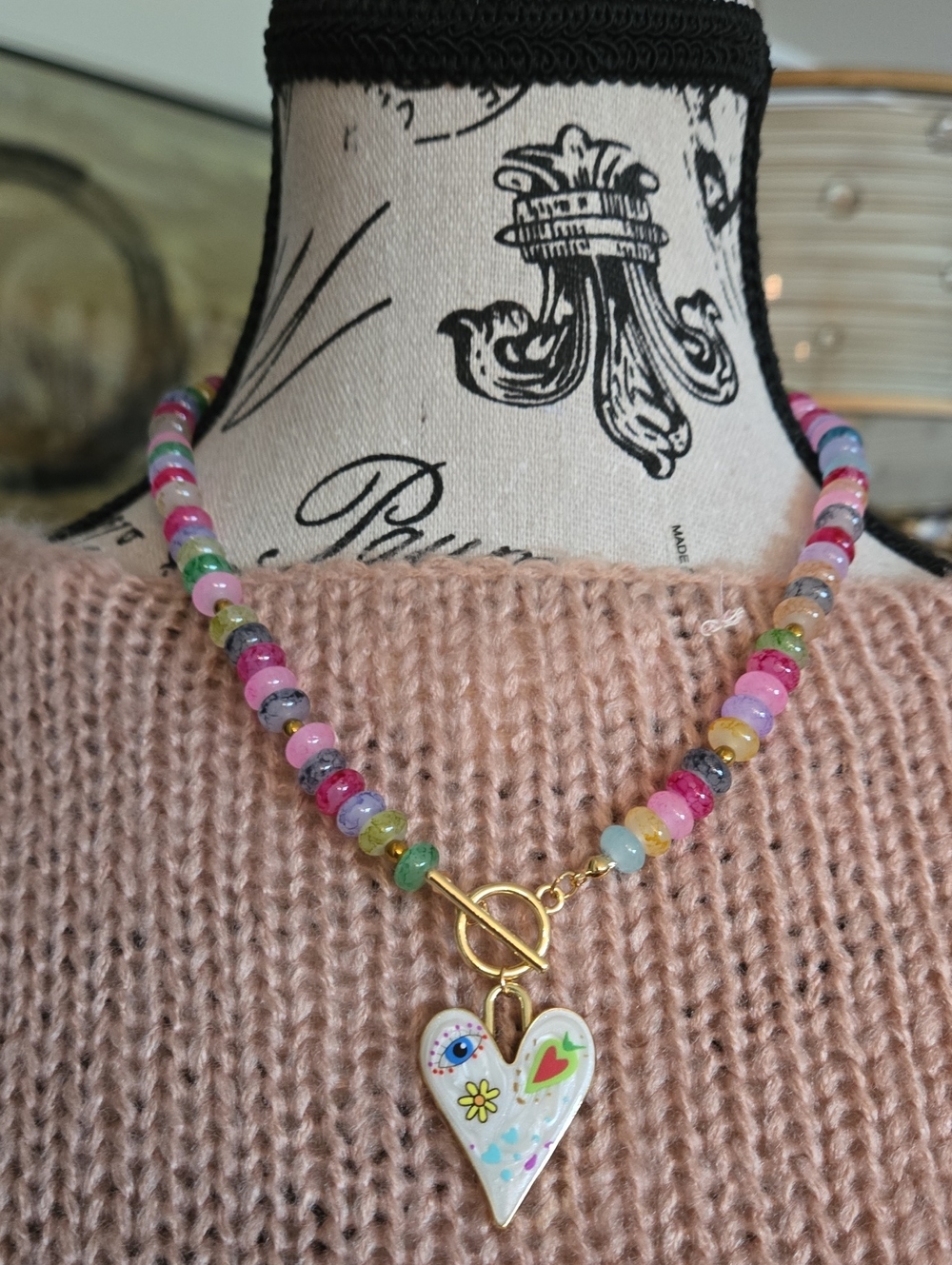 Colorful Beaded Painted Heart Pendant Toggle Necklace - Multicolor
